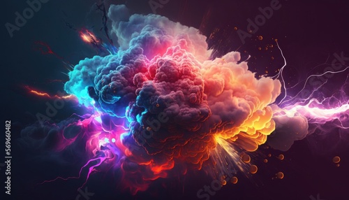 Bright explosion with smoke and lightning in neon lights