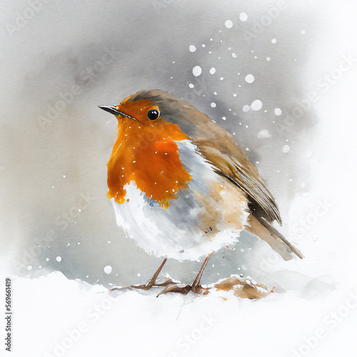 Vászonkép Watercolour of a robin redbreast (Erithacus rubecula) bird in the winter snow, a