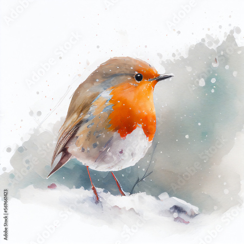 Canvastavla Watercolour of a robin redbreast (Erithacus rubecula) bird in the winter snow, a