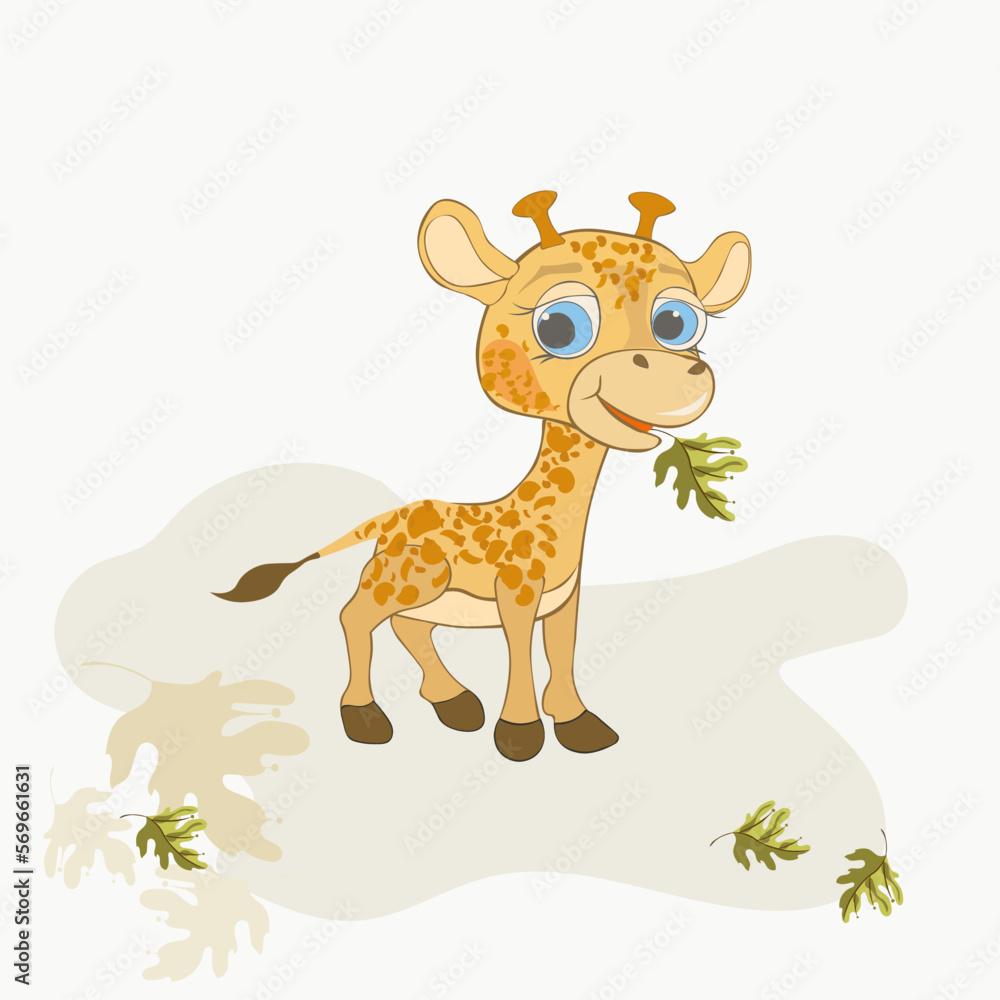 Vector illustration of cute giraffe in a clearing with leaves. Template for social media posts, stories, banners, mobile apps. For kids, books, covers, wallpapers, stickers, business cards Vector illustration of cute giraffe in a clearing with leaves. Template for social media posts, stories, banners, mobile apps. For kids, books, covers, wallpapers, stickers, business cards