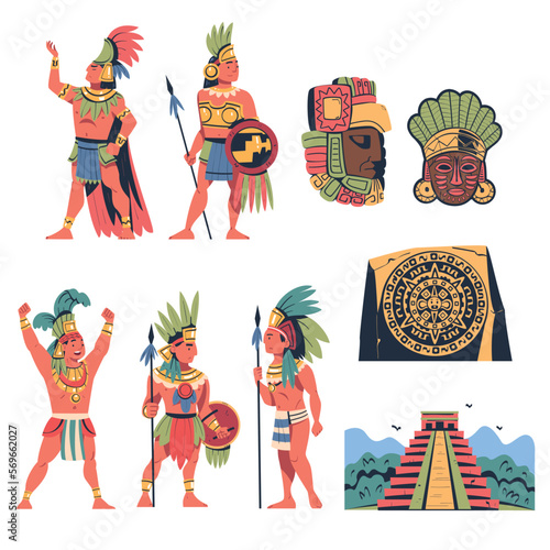 Maya civilization people and artifacts set cartoon vector illustration