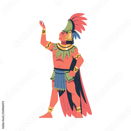 Maya man in traditional costume and headwear performing ritual dance cartoon vector illustration