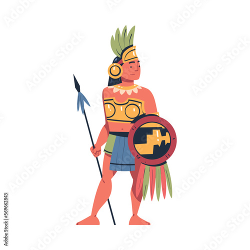 Maya man in traditional costume and headwear standing with spear and shield cartoon vector illustration