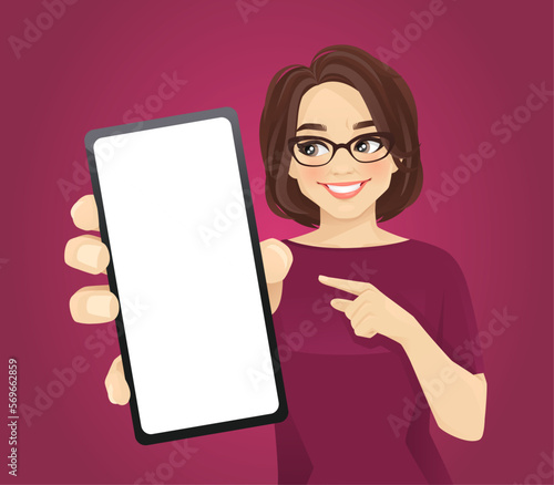 Attractive mature woman pointing to the blank phone screen vector illustration 