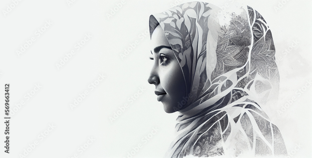 Fototapeta premium Generative AI painting. Iranian woman face with eyes closed on white copy space background. Islamic female portrait side profile view in hijab. Culture and religion concept. Black and white