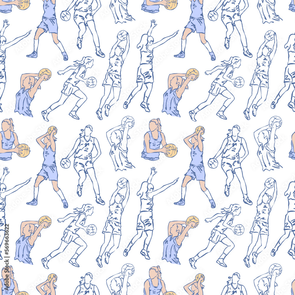 Seamless pattern with sketch girls basketball players. Women's sports background for cover design, jersey, wrapping paper, hand drawn.