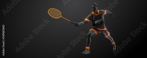 Abstract silhouette of a badminton player on black background. The badminton player man hits the shuttlecock. photo