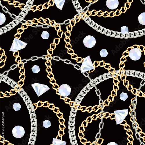 Jewels seamless pattern. Diamonds, gold and silver chains on dark background. Vector cartoon illustration.