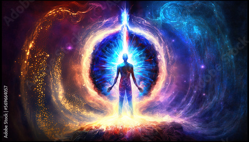 Spiritual awakening. Silhouetted figure standing in front of the divine. Generative AI, this image is not based on any original image, character or person.	