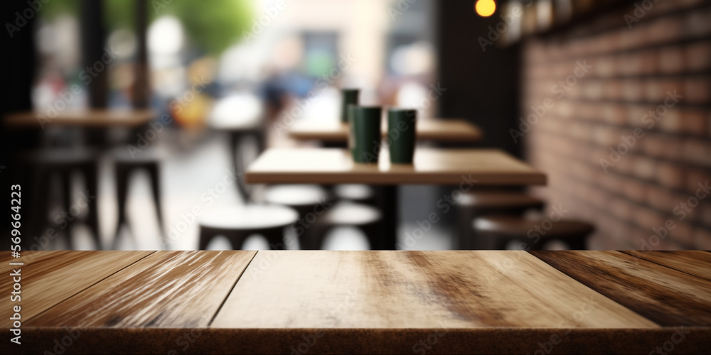 Big Wood Table in Front of Blurred Restaurant background, copy space can be placed your product with Generative AI Big Wood Table in Front of Blurred Restaurant background, copy space can be placed your product with Generative AI