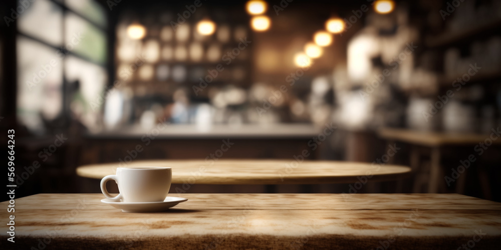 Steaming Hot Coffee on Wooden Table with Blurred Cafe Restaurant Background with Generative AI Steaming Hot Coffee on Wooden Table with Blurred Cafe Restaurant Background with Generative AI