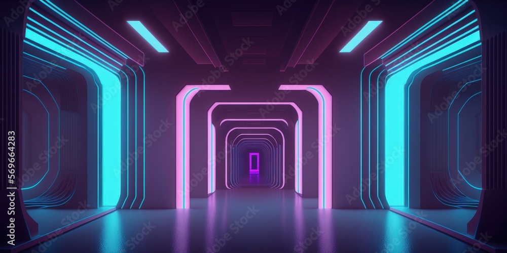 Laser Lines Neon Purple Blue Science fiction futuristic showroom, stage, podium, fashion tunnel, hallway, garage, and underground illustration made of concrete, cement, and reflection. Generative AI