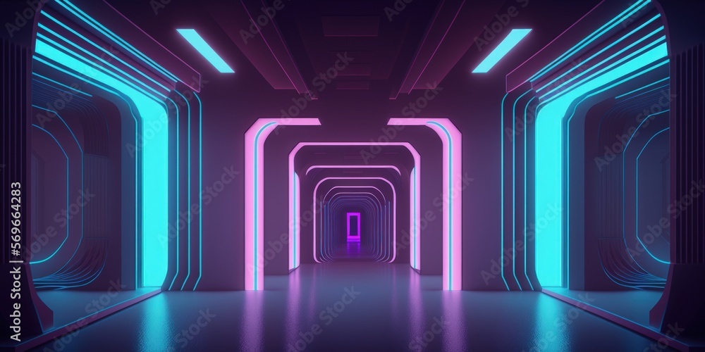 Fototapeta premium Laser Lines Neon Purple Blue Science fiction futuristic showroom, stage, podium, fashion tunnel, hallway, garage, and underground illustration made of concrete, cement, and reflection. Generative AI