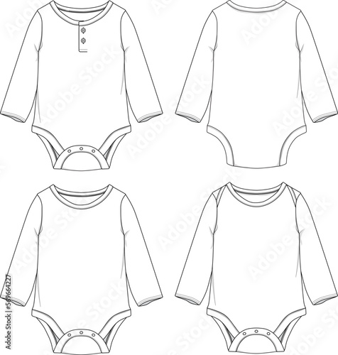 Infant Baby Toddler Long-Sleeve Bodysuit Mockup Sketch Template Technical CAD Illustration