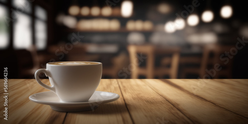 Hot cup of coffee on wood table in front of blurred cafe restaurant background  copy space can be placed your product with Generative AI