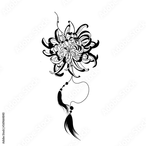 Black and white line illustration of daisy flowers and feathers on a white ba...