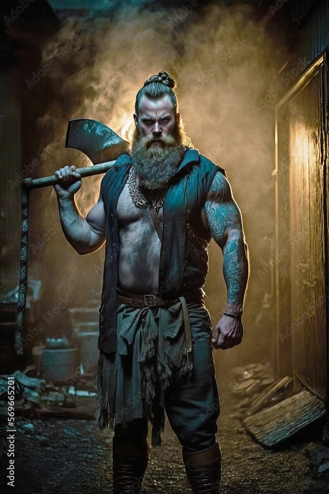 Illustration of handsome strong and muscular Viking man with tattoo holding a weapon in a dark foggy alley. Historical Viking culture concept. Generative AI