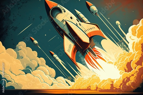 Rocket space ship launch illustration. Generative AI