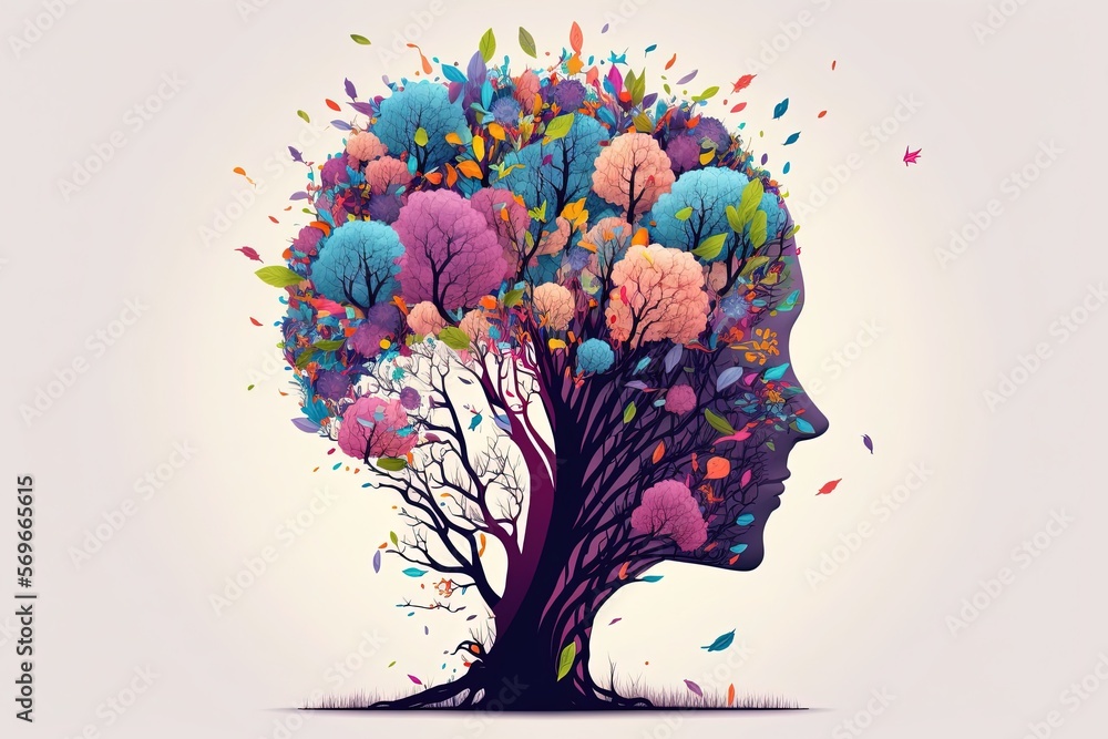 Human face tree with flowers, self care and mental health concept, positive thinking, creative mind illustration. Generative AI - obrazy, fototapety, plakaty 