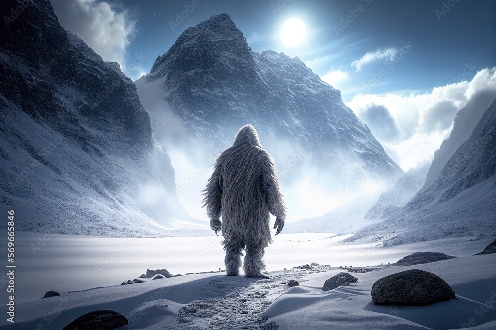 Yeti in the snow covered mountains, mysterious furry creature walking ...