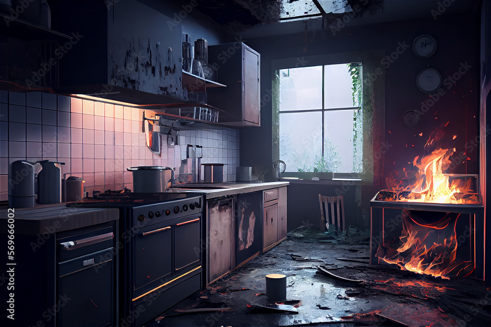 Burnt up kitchen after a fire hazard, ideal for backgrounds, generative AI Burnt up kitchen after a fire hazard, ideal for backgrounds, generative AI