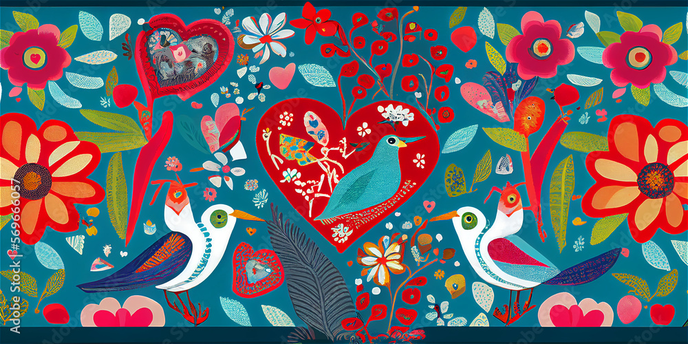 Folk naif pattern ideal for Valentines with birds, hearts and flowers, generative AI