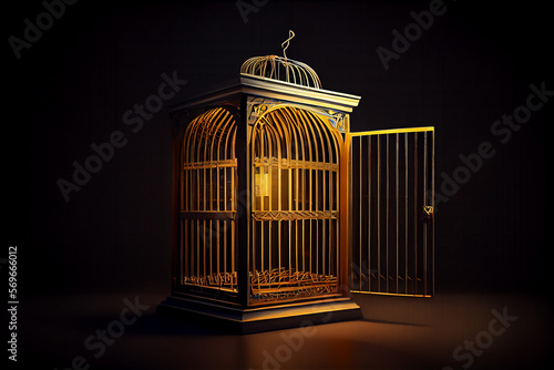Empty golden cage with the door open on a dark background, generative AI photo