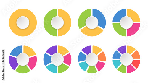 Colorful infographic with pie charts or circle slices division, showing proportional data segments in circular graphic. Each slice represents category and data value. Vector Illustration