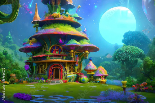 Fairytale house, full moon, neon colors. AI generated.