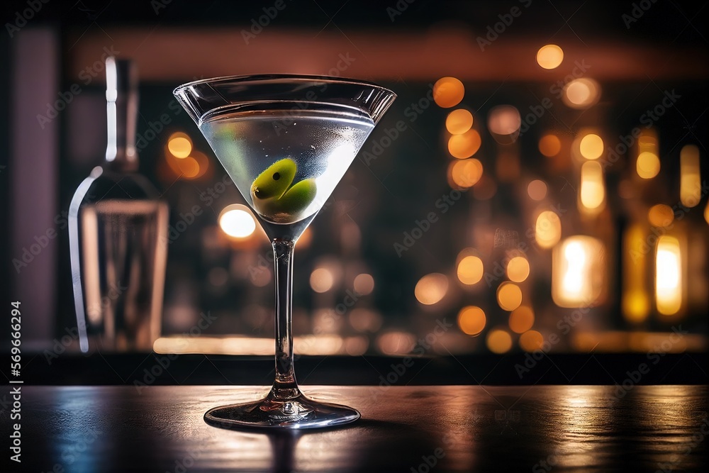 Chilled martini cocktail on a long bar with olives. Generative AI.