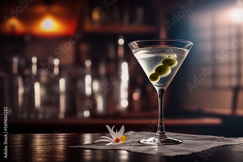 A chilled martini cocktail on a long bar with olives and a beautiful flower. Generative AI.
