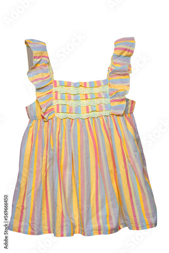 Summer dress isolated. Closeup of a colorful striped sleeveless baby girl dress isolated on a white background. Children spring fashion. Clipping path. Back view.