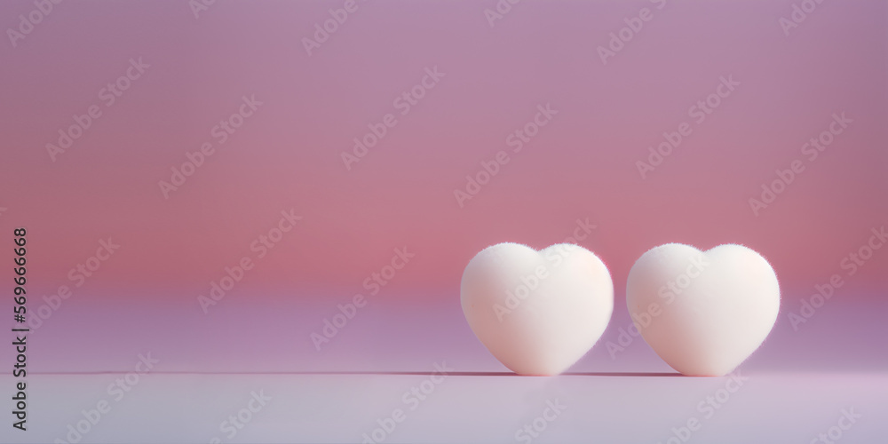 White choclolate heart backdrop. Delicious chocolate hearts with pink gradient background. Two fluffy candy hearts backdrop 