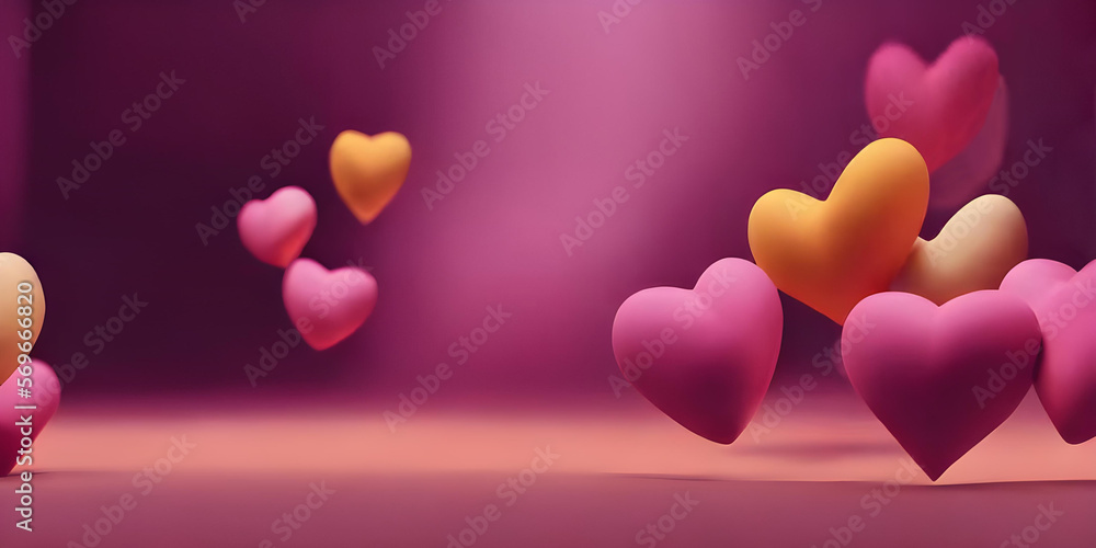 Pink and orange hearts floating in the air, magenta background, copy space, wallpaper