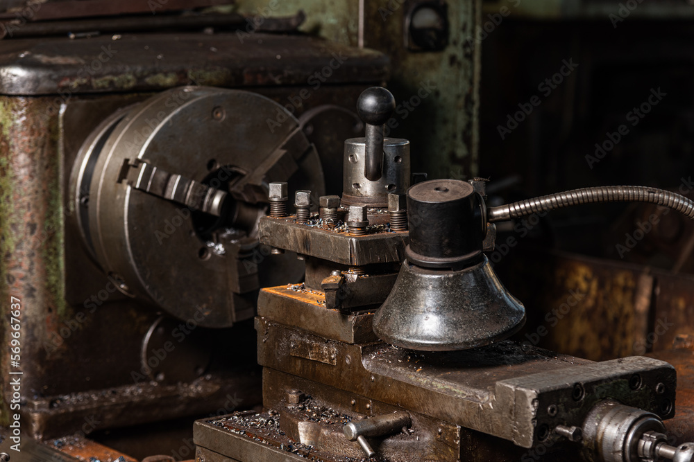 Old equipment, machines, tools in an abandoned mechanical factory