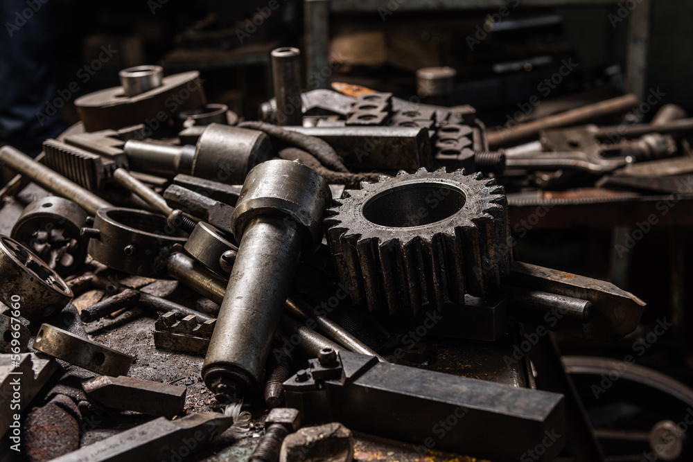 Old equipment, machines, tools in an abandoned mechanical factory Old equipment, machines, tools in an abandoned mechanical factory