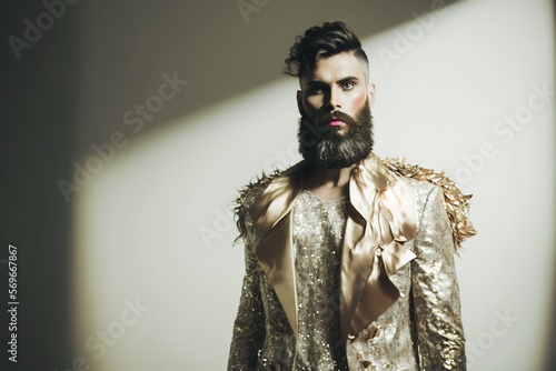 Genderqueer person with beard and wearing make up with glamourous golden suit. Copy space for advertisement. LGBT community. Generative AI Illustration