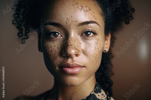 Young beautiful woman with spots in her skin because of vitiligo. World Vitiligo day. Skin disorders concept. Generative AI Illustration photo