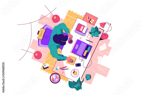 Top-view of a character working in a cramped space