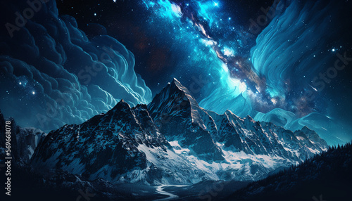 Cosmic Starry Night in Outer Space Background, Mountains on Strange Planet, Futuristic with Blues, Grays - Generative AI