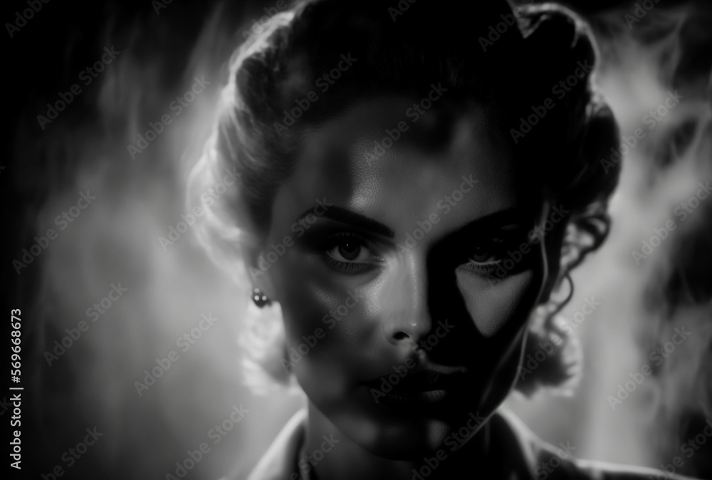 Black and white image of woman surrounded by smoke in film noir style. Generative AI