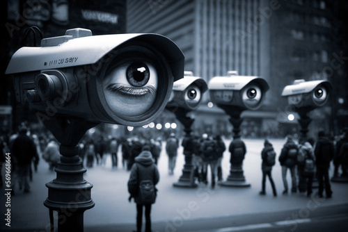 Surveillance security cameras with an eyeball tracking people in a city. Generative AI photo