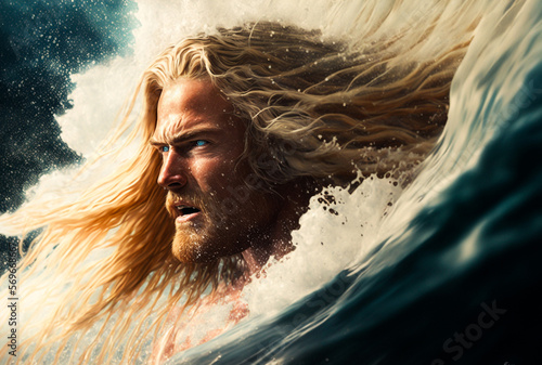 Handsome blonde man with piercing blue eyes in surf ocean wave. Generative AI photo