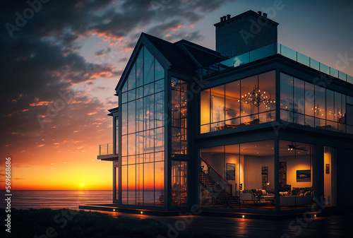 Beautiful glass home on an ocean beach at sunset. Luxury house. Generative AI