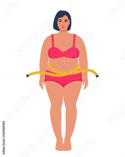 Plus size woman in underwear and measuring tape. Oversize fatty girl. Obesity weight control concept. Overweight female cartoon character full length. Vector illustration.