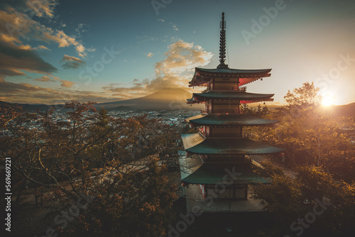 Chureito pagoda at Fuji mountain. Beautiful japanese landmarks and landscapes
