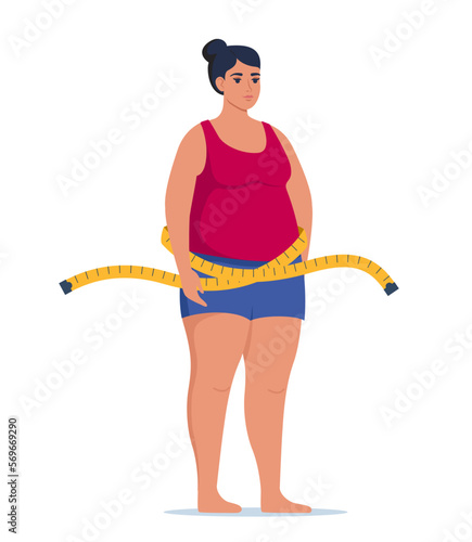 Fat obese woman and measuring tape. Oversize fatty girl. Obesity weight control concept. Overweight female cartoon character full length. Vector illustration.