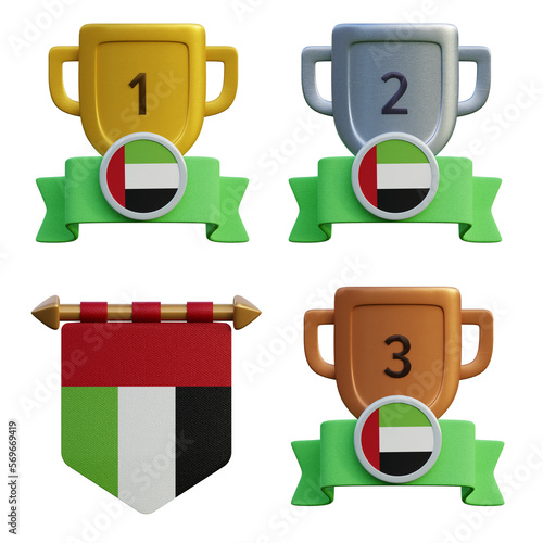 3d render, transparent game asset, pennant with national flag of United Arab Emirates winner podium