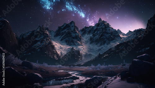 Cosmic Starry Night in Outer Space Background, Mountains on Strange Planet, Futuristic with Purples, Blues, and Grays - Generative AI © AnArtificialWonder