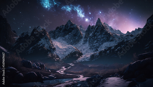 Cosmic Starry Night in Outer Space Background, Mountains on Strange Planet, Futuristic with Purples, Blues, and Grays - Generative AI © AnArtificialWonder